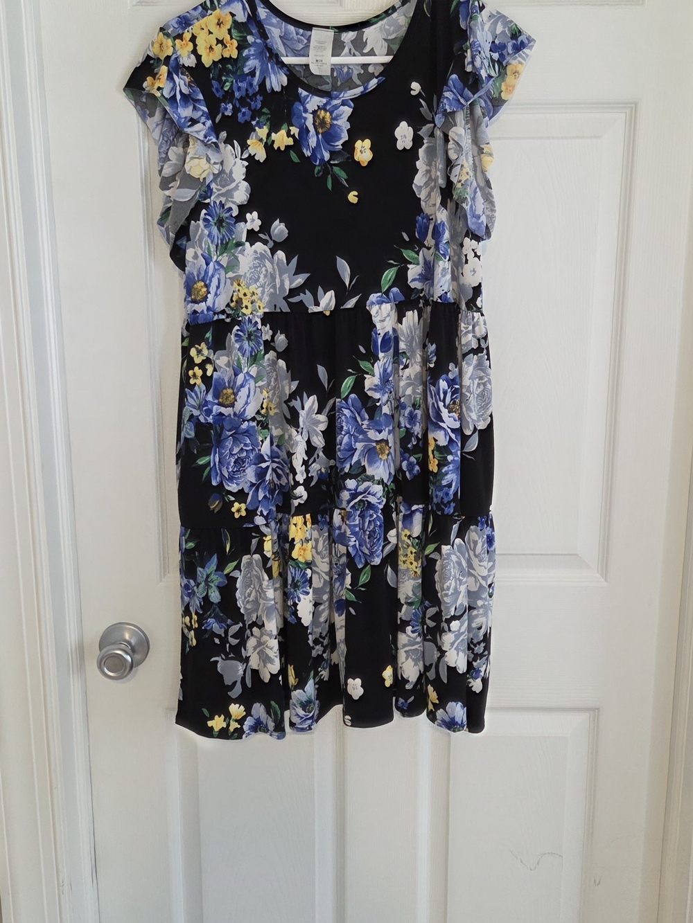 Source Unknown Black Maxi Dress with Blue, Yellow and White Floral Print